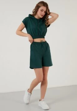 LELA Two Piece Set - Regular Fit - Shorts - Dark Green Melange -Korting Dameskleding 139bc29e439347ffaf3b3875fbfdc217